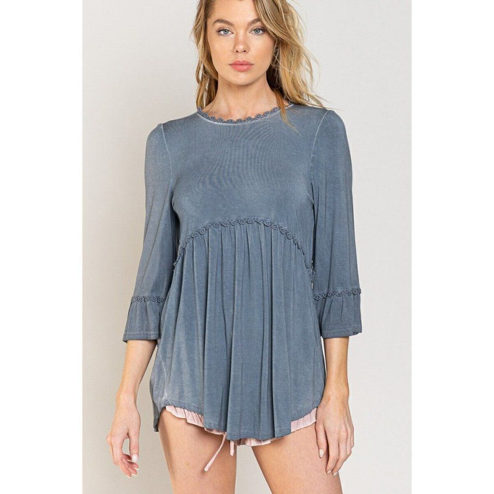 SALE! POL CLOTHING Midnight Blue Babydoll Knit Top Tunic Relaxed Long Sleeve